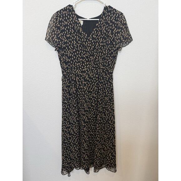 Women's Vintage 90s TALBOT'S Pure Silk Faux Wrap Dress Black Tan Polka Dot 8 - Picture 1 of 7